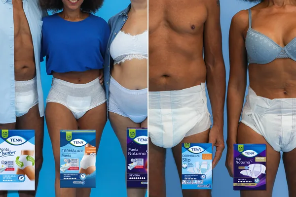 TENA Pants ou fralda: pessoas usando roupas íntimas TENA Pants e fraldas TENA Dermacare e Noturna